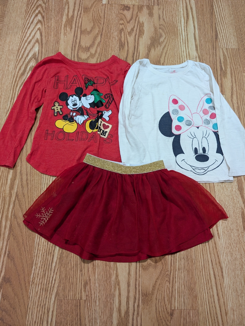Disney Minnie Mouse Long Sleeve Tops 4T With Red Tulle Skirt 3T